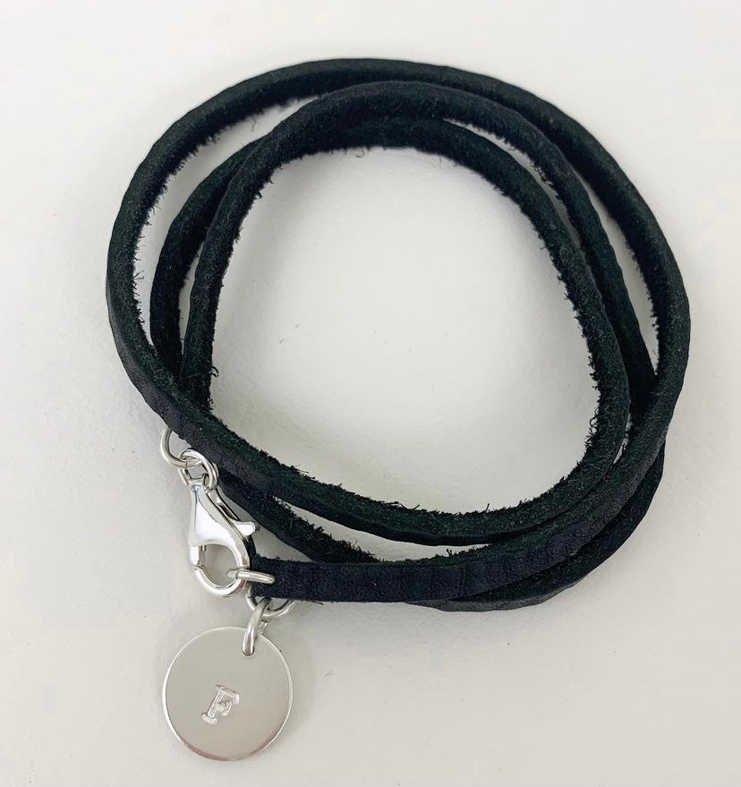 Black Leather and Sterling Silver Initial Wrap Bracelet